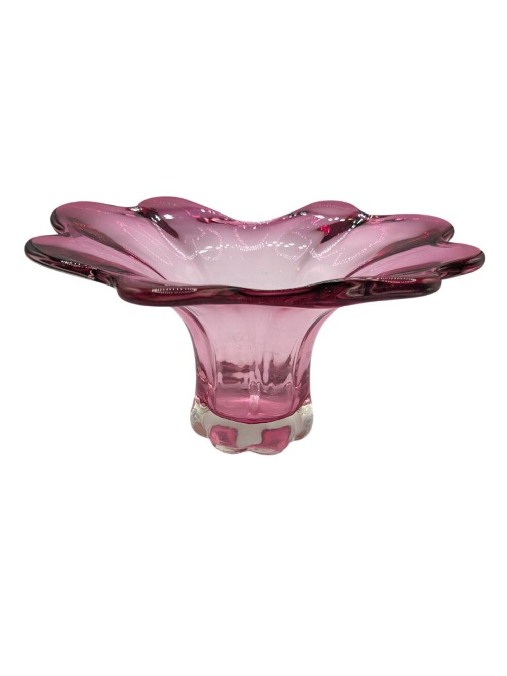 Vtg Pink Hand-Blown Glass Bowl With Scalloped Edge & Clear Base Decorative Cente